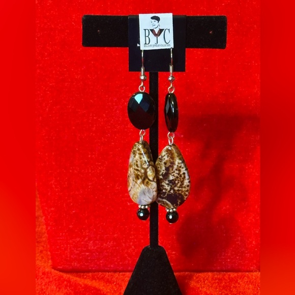 BJC Jewelry - Black Onyx & Fire Agate Gemstone Earrings.